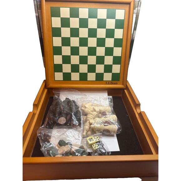 LL BEAN THREE-IN-ONE CAMP GAME: WOODEN CHECKERS,CHESS,BACKGAMMON RV, BEACH GAMES - Picture 1 of 13